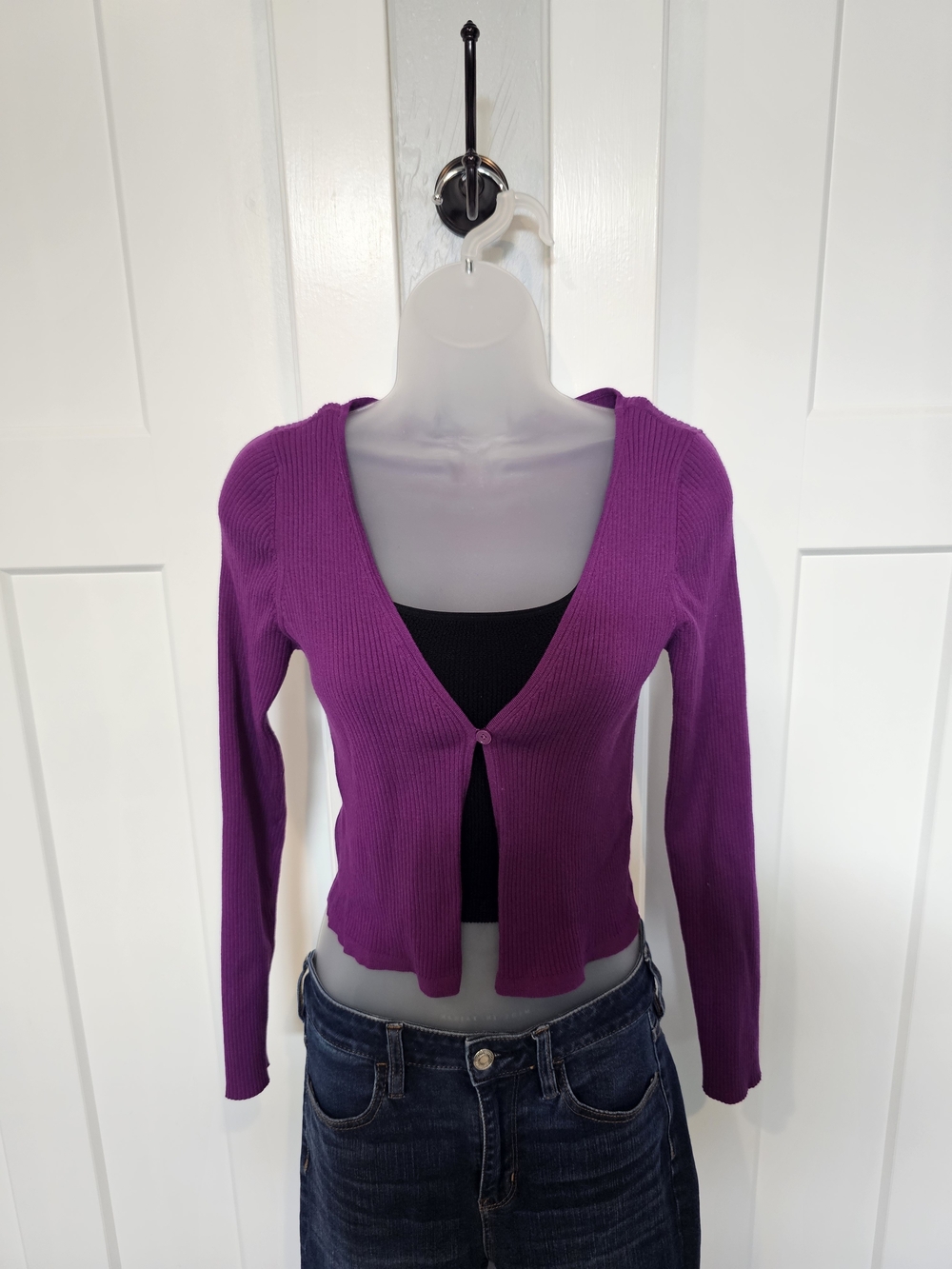 Wilfred Purple Ribbed V-Neck Single-Button Cardigan